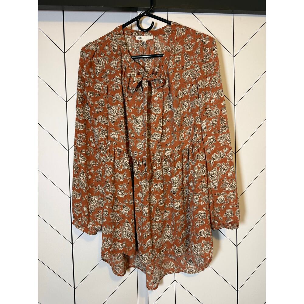 DR2 Women Small Rust White Floral High Low Bow Keyhole Flowy Babydoll Tunic Top